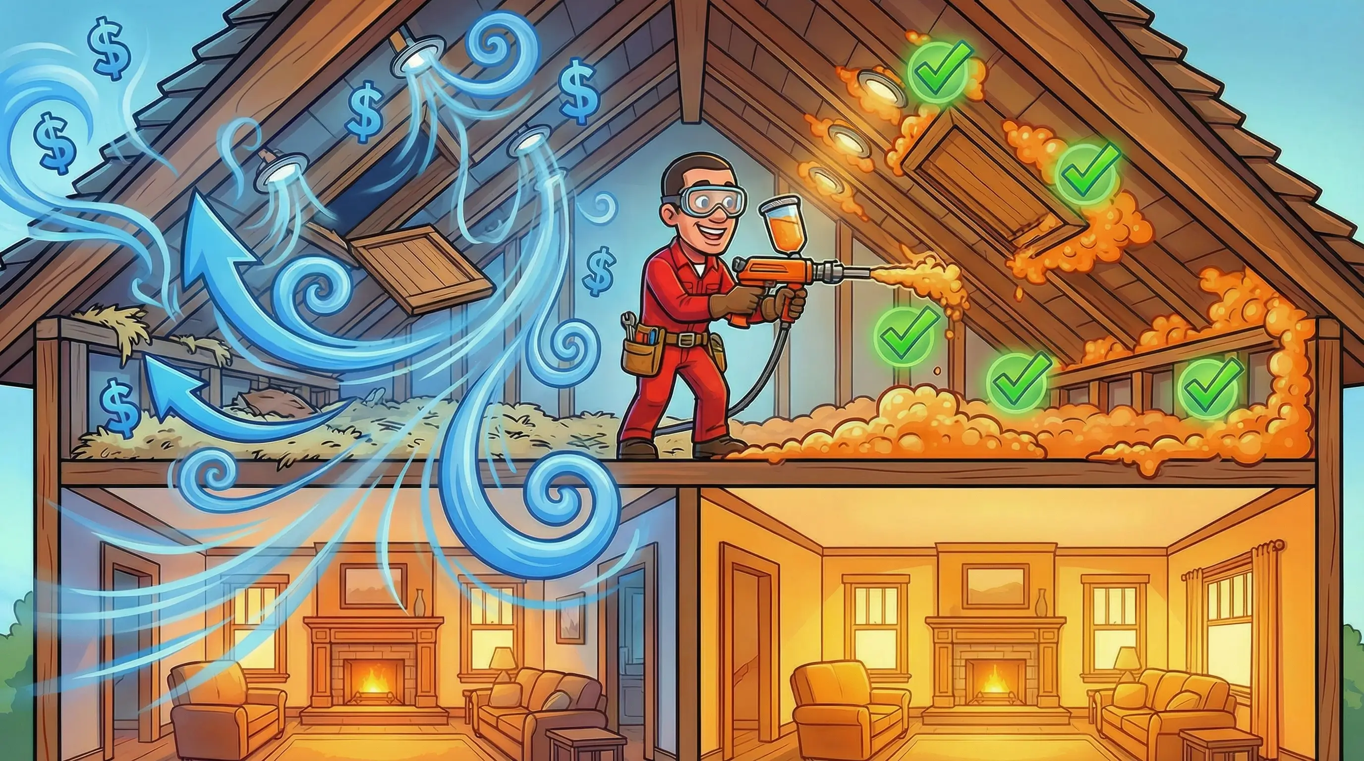 Technician sealing attic air leaks with spray foam gun